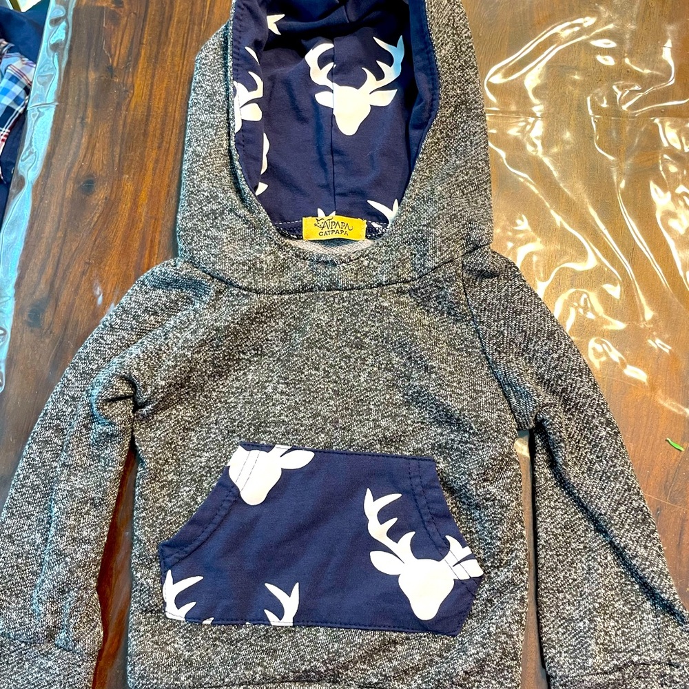 Catpapa Baby Hoodie & Pants Set, Gray Marled/Deer Print white on blue, 12-18 mo